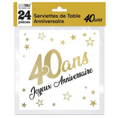 24 Serviettes de table pour anniversaire 40 ans en doré or métallisée blanche REF/STAM00OR04