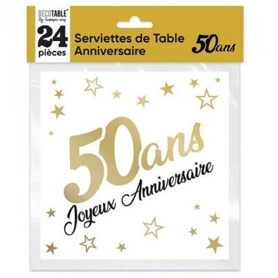 24 Serviettes de table pour anniversaire 50 ans en doré or métallique et blanc REF/STAM00OR05