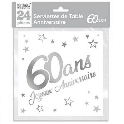 Serviette de table anniversaire 60 ans blanche et argentée métallisée (x24) REF/STAM06A