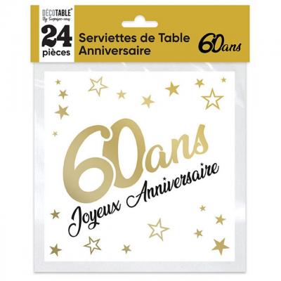 Serviette de table anniversaire 60 ans doree or metallisee et blanche