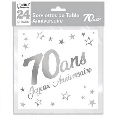 Serviette de table anniversaire 70 ans blanche et argentée métallisée (x24) REF/STAM07A