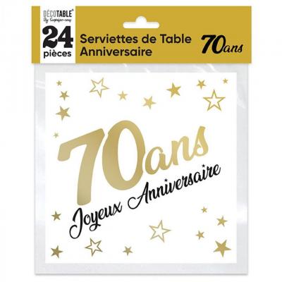 24 Serviettes de table pour anniversaire 70 ans en doré or métallique et blanc REF/STAM00OR07