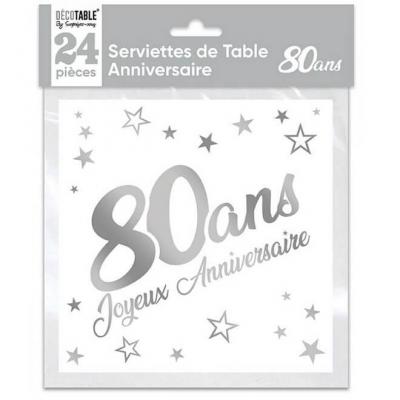 Serviette de table anniversaire 80 ans blanche et argentée métallisée (x24) REF/STAM08A