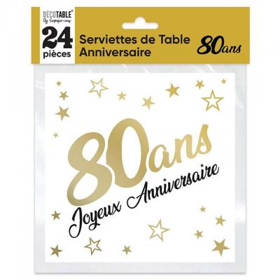 24 Serviettes de table pour anniversaire 80 ans en doré or métallique et blanc REF/STAM00OR08