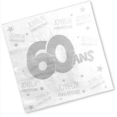 Serviette anniversaire blanche 60ans (x24) REF/S3PA06