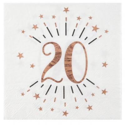 Serviette de table anniversaire 20ans blanche et rose gold métallique (x10) REF/7350