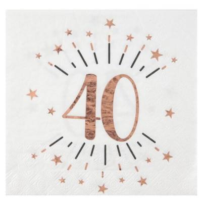 Serviette de table anniversaire 40ans blanche et rose gold métallique (x10) REF/7350