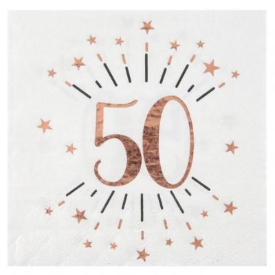 Serviette de table anniversaire 50ans blanche et rose gold métallique (x10) REF/7350