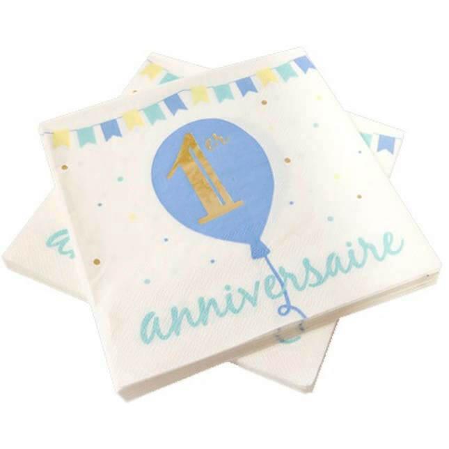 Serviette de table anniversaire 1 an blanche et bleu ciel R/BB143