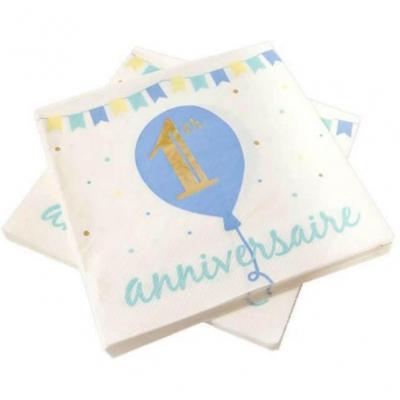 Serviette de table anniversaire 1 an blanche, dorée métallisée et bleu ciel (x20) REF/BB143