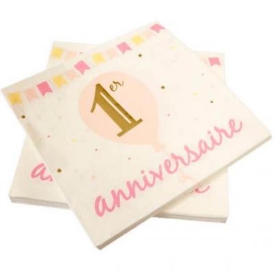 Serviette de table anniversaire rose dore et blanc 1an