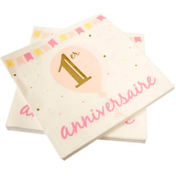 Serviette de table anniversaire rose dore et blanc 1an