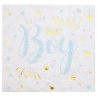 Serviette de table baby shower boy bleu ciel blanc et or