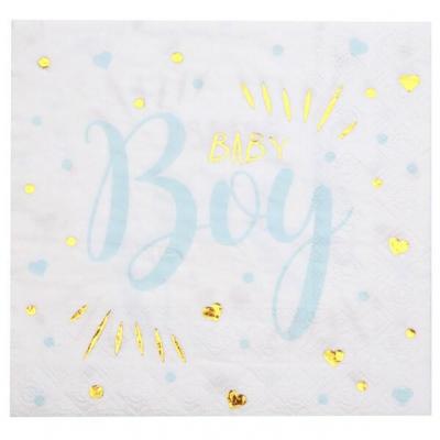 Serviette de table Baby Shower Boy en blanc, bleu ciel et or métallisé (x20) REF/7254
