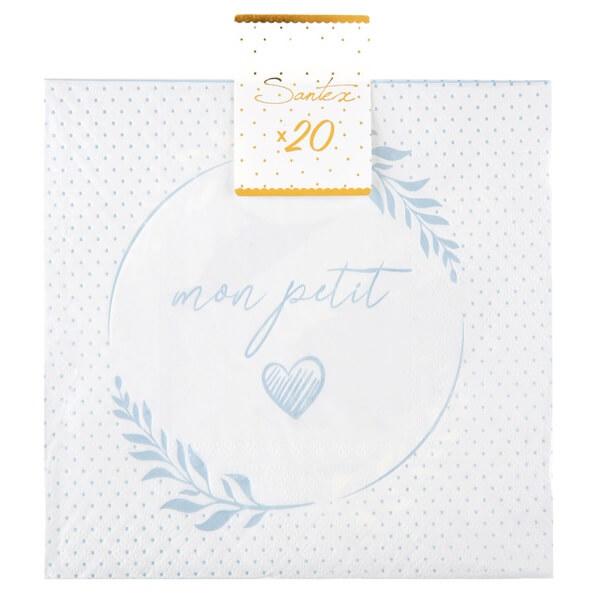 Serviette de table bapteme baby shower belu ciel et blanc