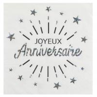 Serviette de table joyeux anniversaire blanc et argent metallique