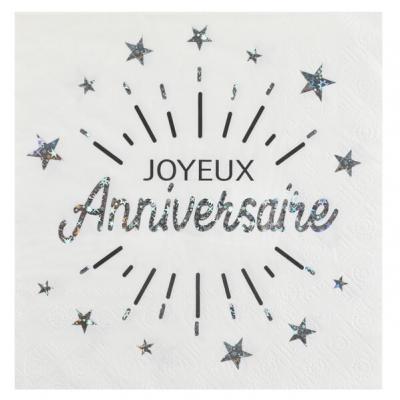 Serviette de table joyeux anniversaire blanc et argent métallique (x10) REF/6649