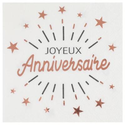 Serviette de table joyeux anniversaire blanche et rose gold métallique (x10) REF/6649