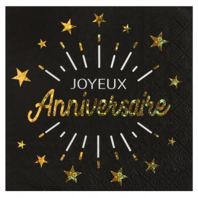 Serviette de table joyeux anniversaire noir et or métallique (x10) REF/6649