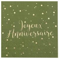 Serviette de table joyeux anniversaire vert olive sauge dore or metallique