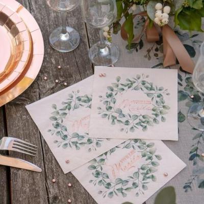 Serviette mariage bucolique blanche rose gold et verte