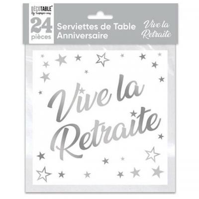 Serviette de table vive la retraite blanche et argentée métallisée (x24) REF/STAM11A