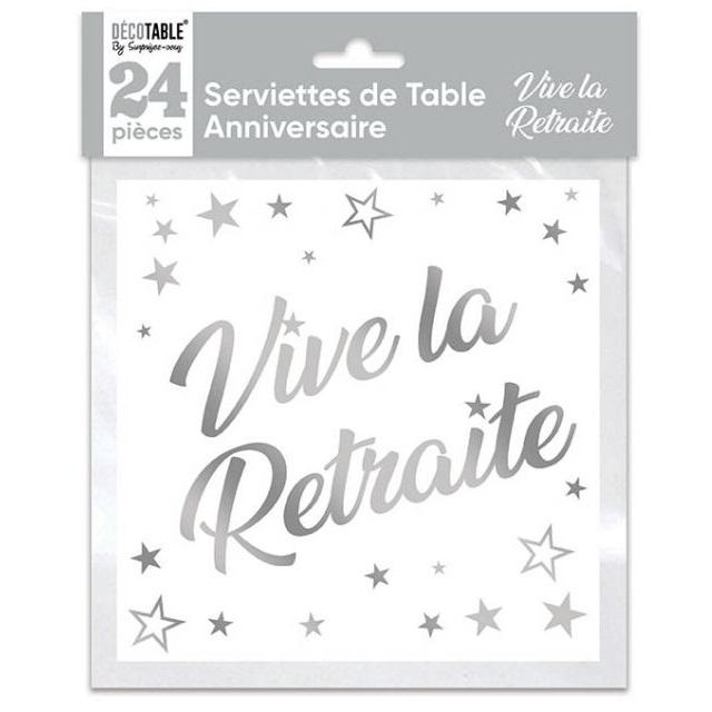 Serviette de table vive la retraite blanche et argentee metallisee