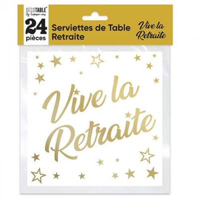 24 Serviettes de table vive la retraite en doré or métallique et blanc REF/STAM00OR11