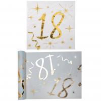 Serviette et chemin de table anniversaire 18ans or metallise et blanc