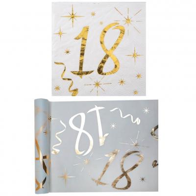 1 Pack serviette et chemin de table anniversaire 18ans or et blanc R/6158-6159