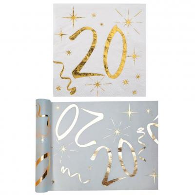 1 Pack serviette et chemin de table anniversaire 20ans or et blanc R/6158-6159