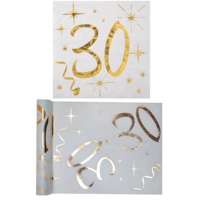 1 Pack serviette et chemin de table anniversaire 30ans or et blanc R/6158-6159