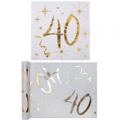 1 Pack serviette et chemin de table anniversaire 40ans or et blanc R/6158-6159