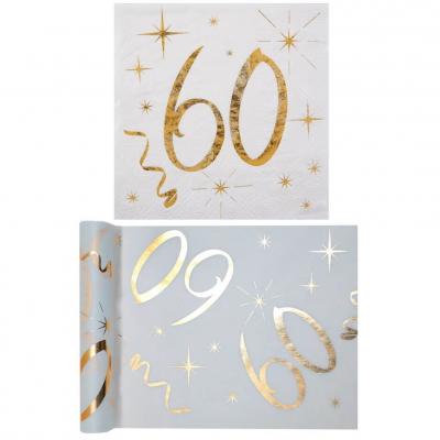 1 Pack serviette et chemin de table anniversaire 60ans or et blanc R/6158-6159