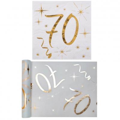 1 Pack serviette et chemin de table anniversaire 70ans or et blanc R/6158-6159