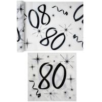 Serviette et chemin de table anniversaire blanc et noir 80 ans