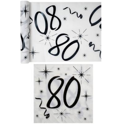 1 Pack serviette et chemin de table anniversaire 80ans blanc et noir R/5192-5241