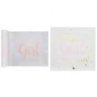 Serviette et chemin de table baby shower fille rose blanc et or