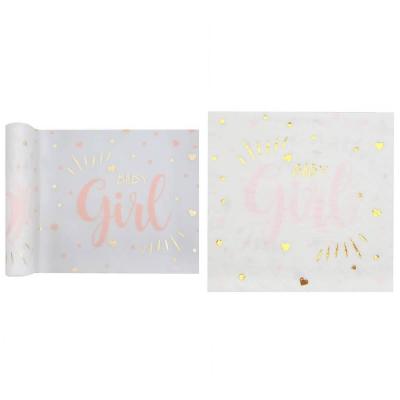 Pack décoration avec 1 chemin de table et 20 serviettes Baby Shower Girl en rose, blanc et doré REF/7254-7251