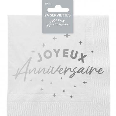 Stam00a serviette de table joyeux anniversaire blanche et argentee metallisee
