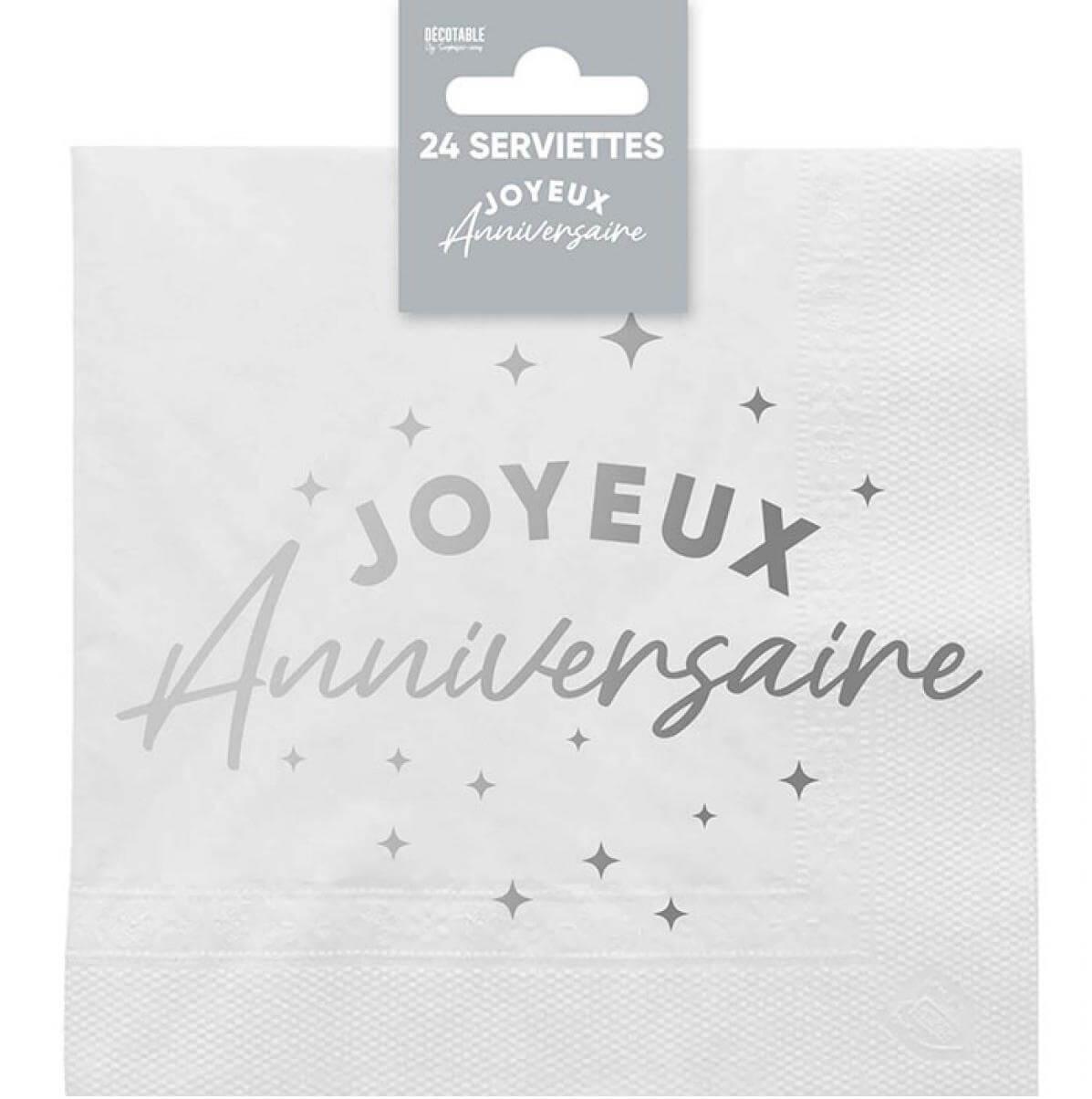 Stam00a serviette de table joyeux anniversaire blanche et argentee metallisee
