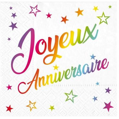 24 Serviettes de table Joyeux Anniversaire blanche et multicolore métallisée REF/STAM00M (16.5 x 16.5cm)