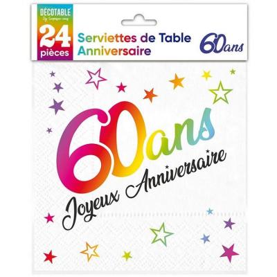 Stam00m06 serviette de table papier anniversaire 60ans blanc multicolore