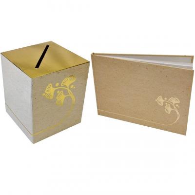 Pack 1 Livre d'or et 1 tirelire urne Ginkgo en effet kraft naturel et doré or REF/ACM650 - ACM651