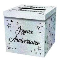 Tirelire urne joyeux anniversaire blanc metallique