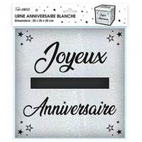 Tirelire urne joyeux anniversaire blanche metallisee