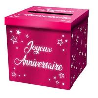 Tirelire urne joyeux anniversaire rose fuchsia metallique