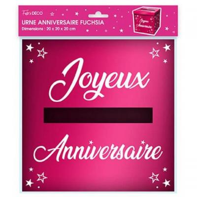 Tirelire urne joyeux anniversaire rose fuchsia metallique