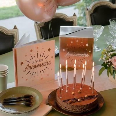 Tirelire urne fete joyeux anniversaire rose gold metallique et blanc