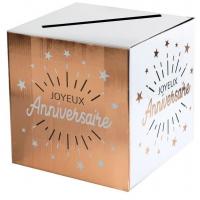 Tirelire urne joyeux anniversaire rose gold metallique et blanc